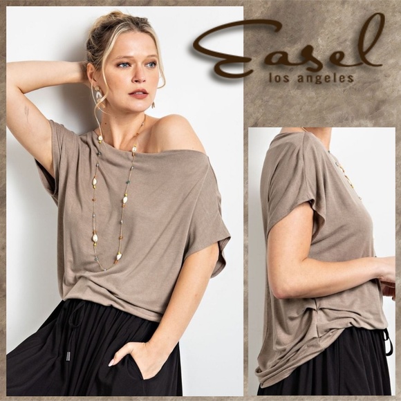 EASEL Ruched Sides Slouchy Short Dolman Sleeves Slinky Boat Neck Top Scooped Hem - Picture 1 of 13